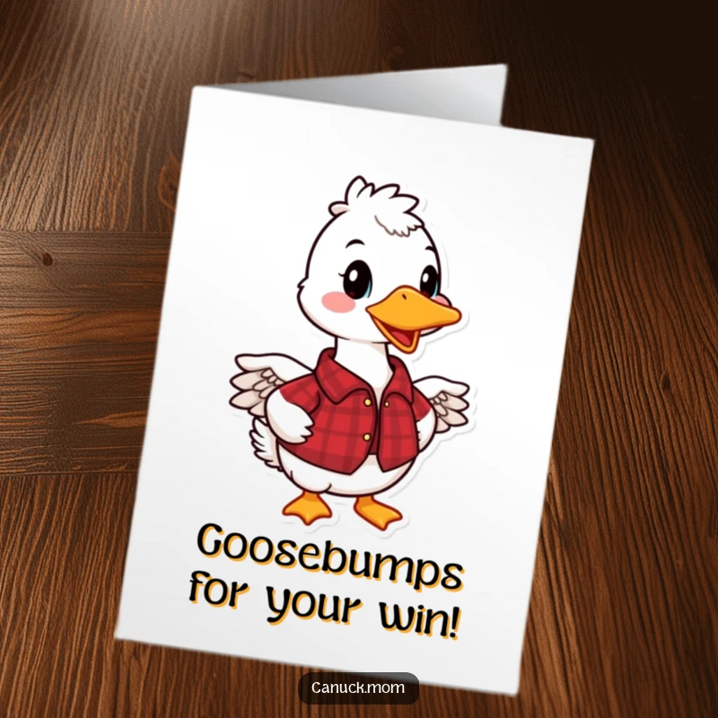 Funny Free Printable Congratulations Card: Happy Canadian Goose in plaid shirt holding a tiny party hat, ready to celebrate.