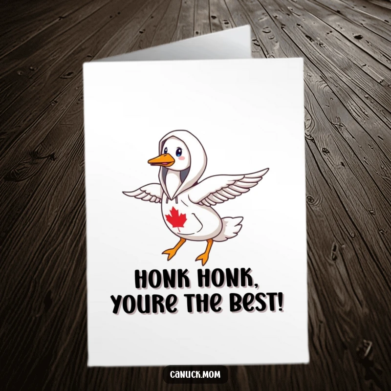 Funny Free Printable Congratulations Card: Goose in a Canadiana hoodie soaring through the sky, flying north.