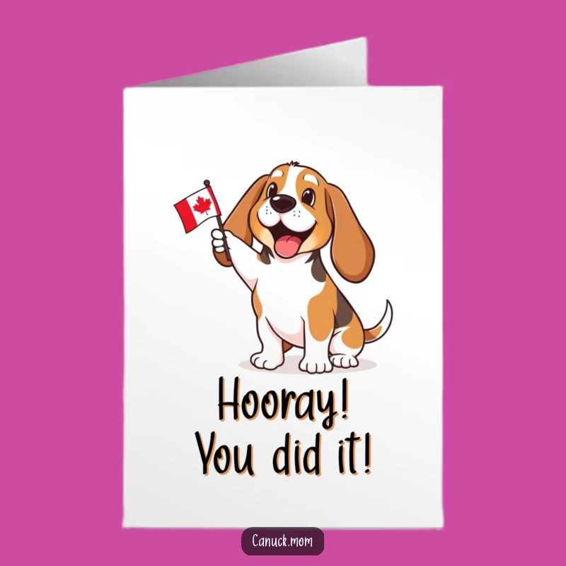 Free Printable Congrats Card: Excited Basset Hound Waving Canadian Flag, Downloadable Celebration