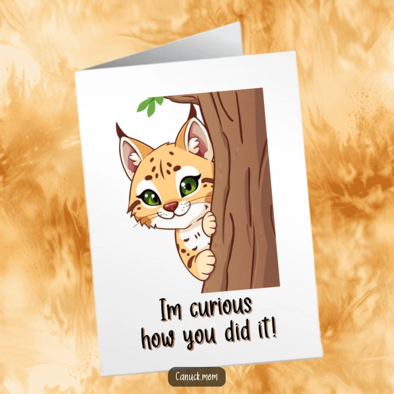 Funny Free Printable Congrats Card: A curious lynx peeks from behind a tree to congratulate you.