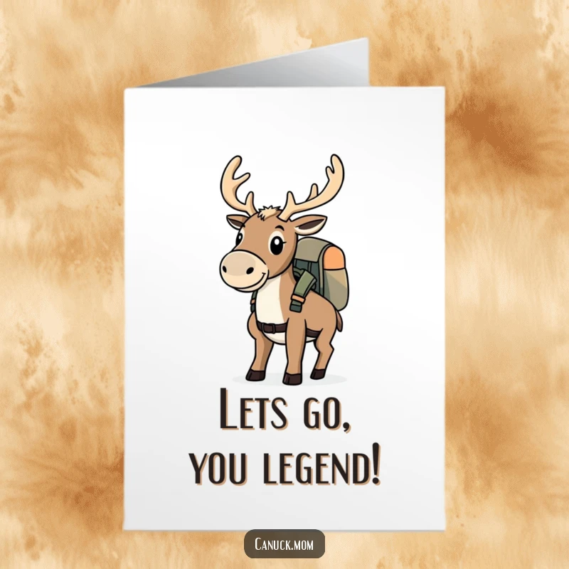Funny Free Printable Caribou Congratulations Card: A determined caribou wearing a backpack sets off on a congratulatory journey.