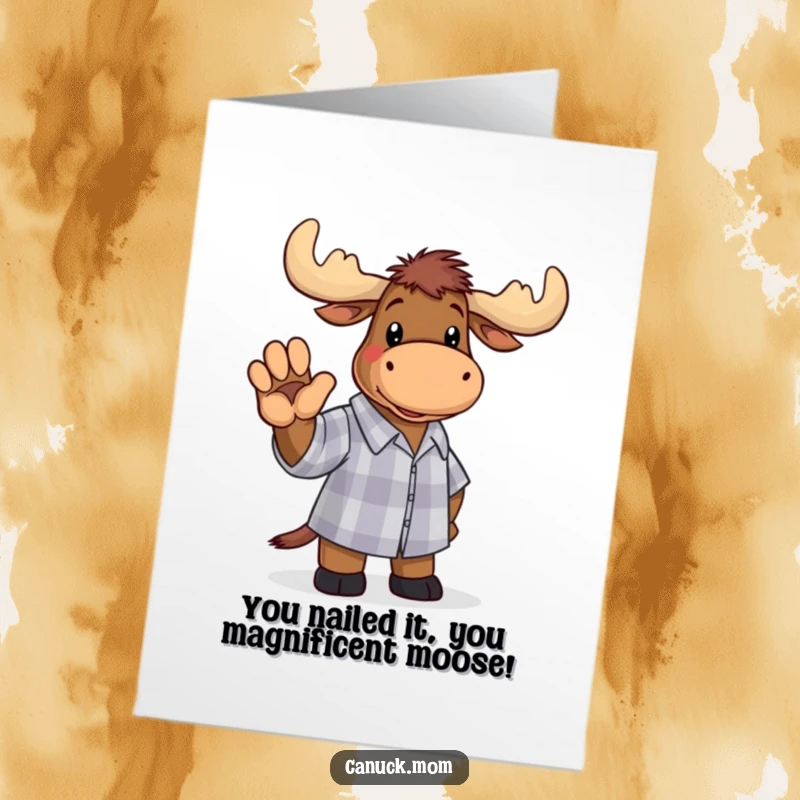 Funny Free Printable congratulations card showing a cheerful moose in a checkered shirt waving enthusiastically to celebrate achievements.