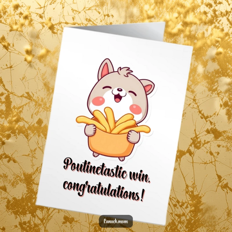 Free Printable Congratulations Card: A smiling animal character holding a loaded plate of poutine, celebrating your delicious victory.