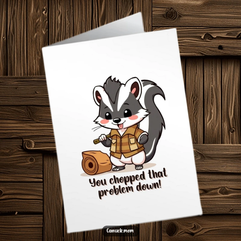 Funny Free Printable Congratulations Card: Skunk dressed as a lumberjack chopping wood, celebrating a great achievement.