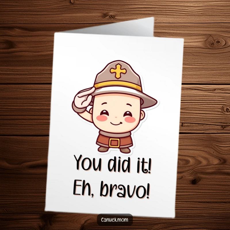 Funny Free Printable Congratulations Card with a Mountie hat character bravely saluting, celebrating success with humor.