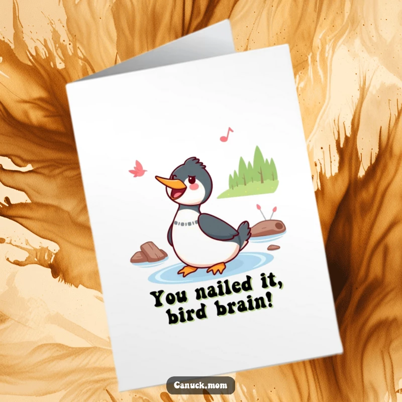 Funny Free Printable Congratulations Card: A happy Kawaii loon serenades by the lake with a cheerful song.