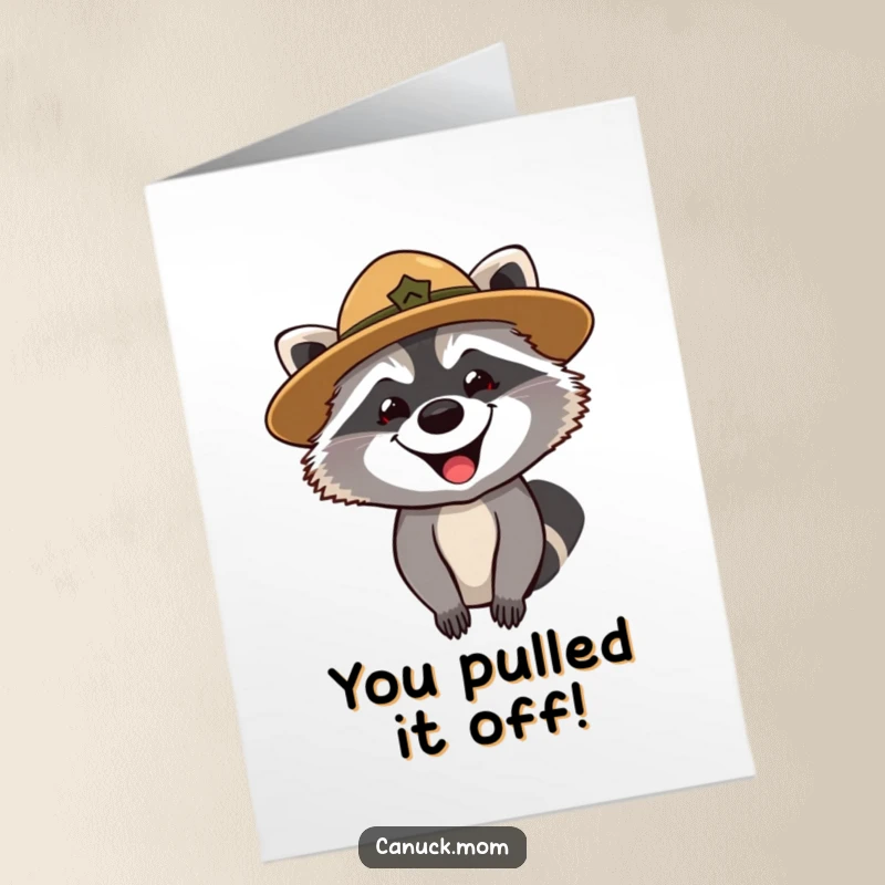 Funny Free Printable Congratulations Card: A grinning raccoon park ranger with a curious expression, celebrating new milestones.