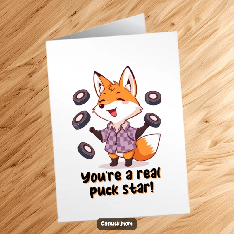 Funny Free Printable Congrats Card: A skilled fox in a checkered shirt juggling hockey pucks to celebrate a win.
