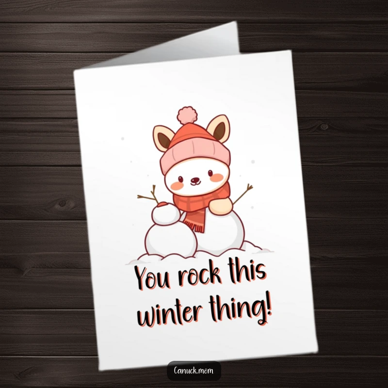 Funny Free Printable Congratulations Card: Animal in winter hat joyfully builds a snowman, celebrating success with chilly, happy accomplishment.