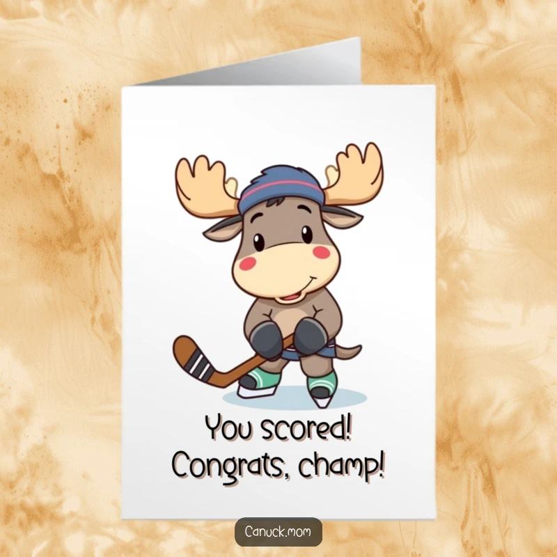 Funny Free Printable Congratulations Card: Goofy moose with hockey stick celebrating a win, delivering a playful poke.