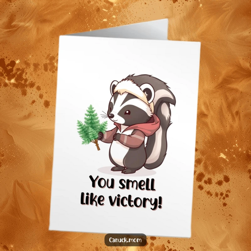 Funny free printable congratulations card showing a skunk in a parka, offering a charming bouquet of miniature pine trees.