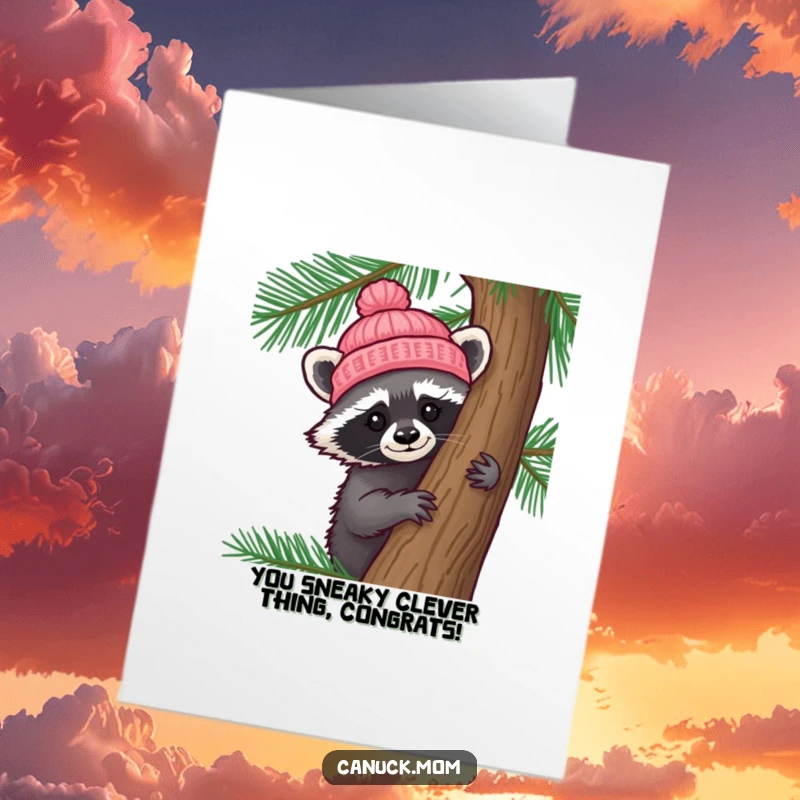 Funny Free Printable Congratulations Card: A curious racoon in a tiny hat peeks from behind a pine tree, celebrating success.