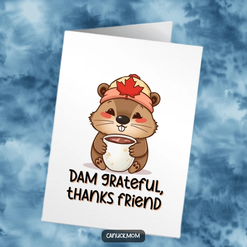 Funny free printable thank you card: Beaver in a maple leaf toque sipping hot chocolate, cozy and Canadian downloadable art.
