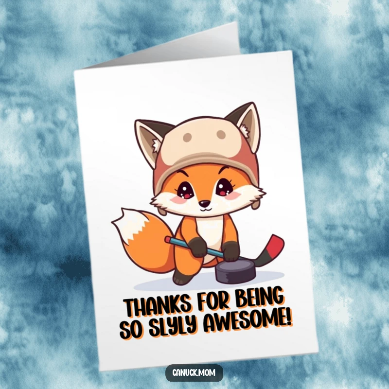 Funny Free Printable thank you card featuring a fox in a trapper hat playing with a hockey puck, showing playful gratitude.