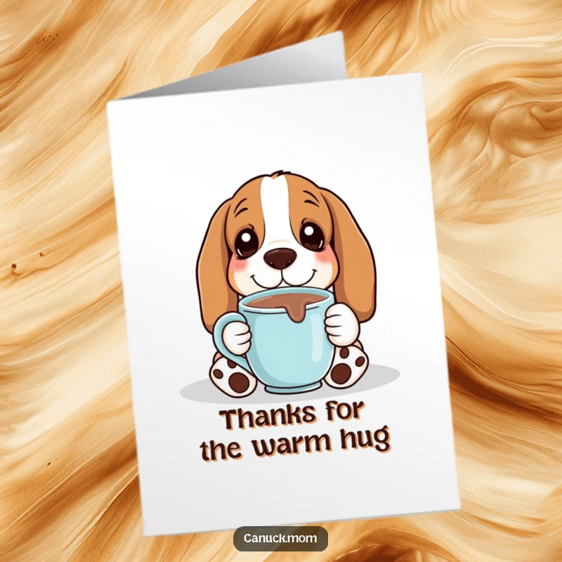 Funny Free Printable Thank You Card: Basset Hound Holding Hot Chocolate, Cozy and Relaxed