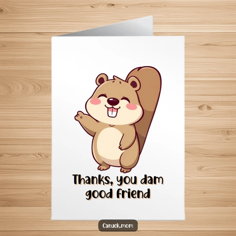 Funny Free Printable Thank You Card: A happy animal character with a beaver tail sending an enthusiastic wave of thanks.