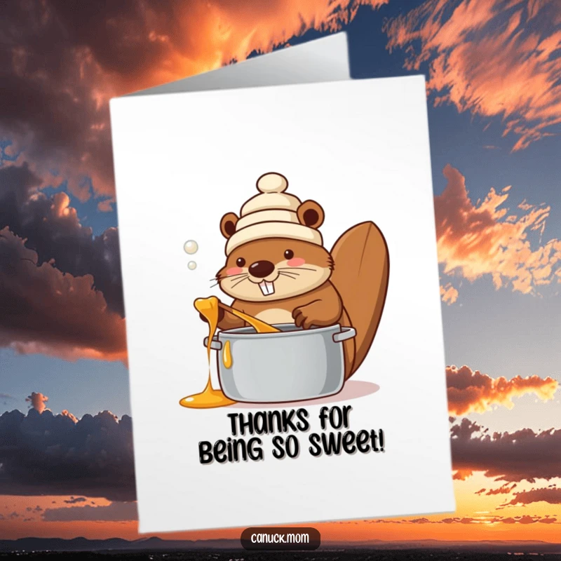 Funny Free Printable Thank You Card: Beaver in a toque stirring maple syrup, a charming Canadian downloadable artwork.