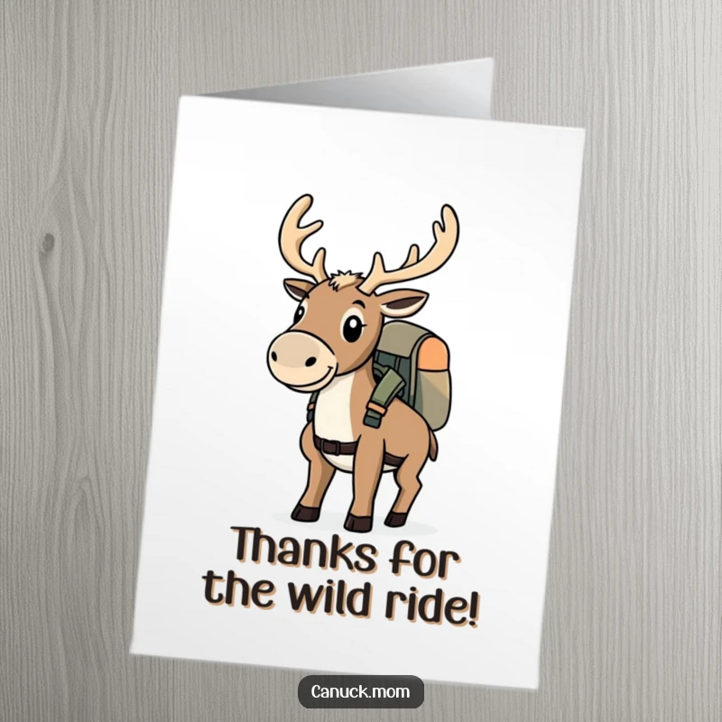 Funny Free Printable Caribou Thank You Card: A caribou with a backpack pauses its adventure to give thanks.