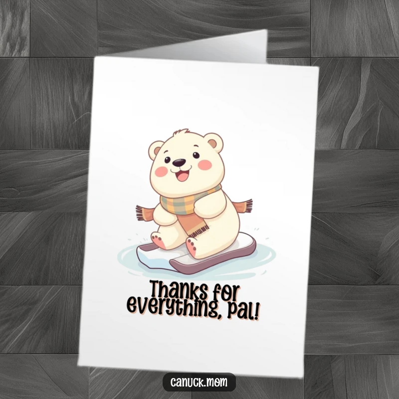 Funny Free Printable Thank You Card: Cute kawaii baby polar bear in a scarf, sliding on ice, conveying sweet thanks.
