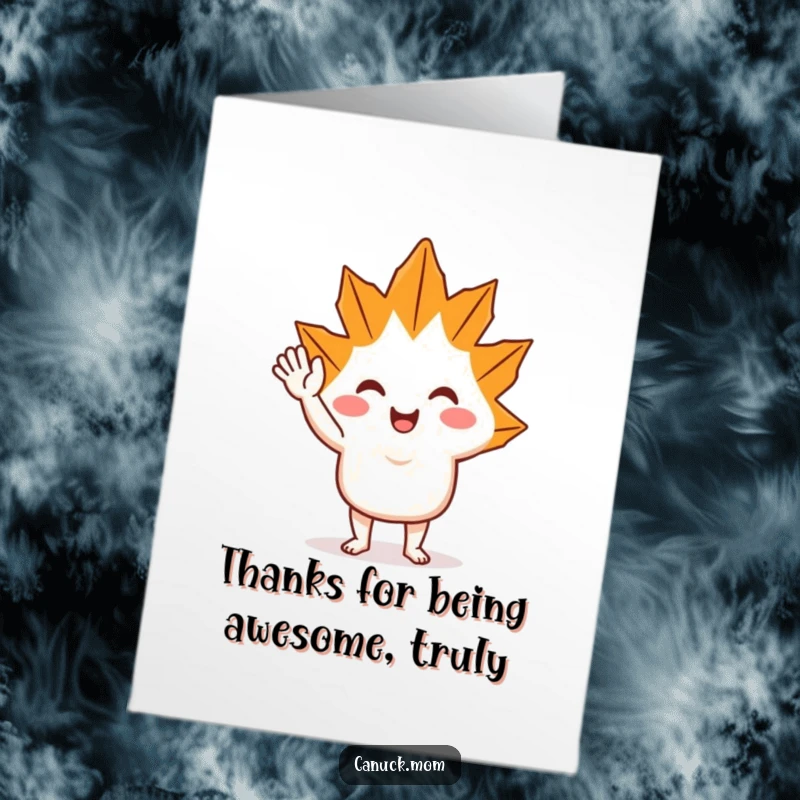 Free Printable Thank You Card featuring a smiling maple leaf character offering a friendly wave, ideal for showing thanks.