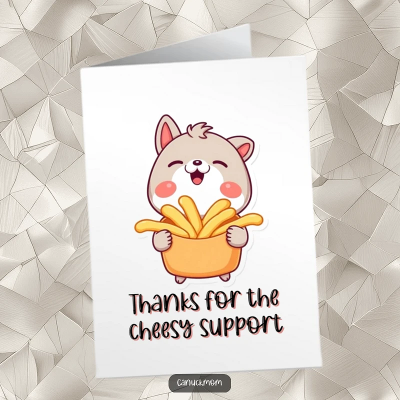 Funny Free Printable Thank You Card: An animal character beaming with joy while holding a delicious serving of poutine.