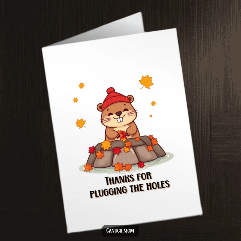 Funny Free Printable Thank You Card: Happy beaver in a red toque building a dam with maple leaves, perfect for a downloadable gift.