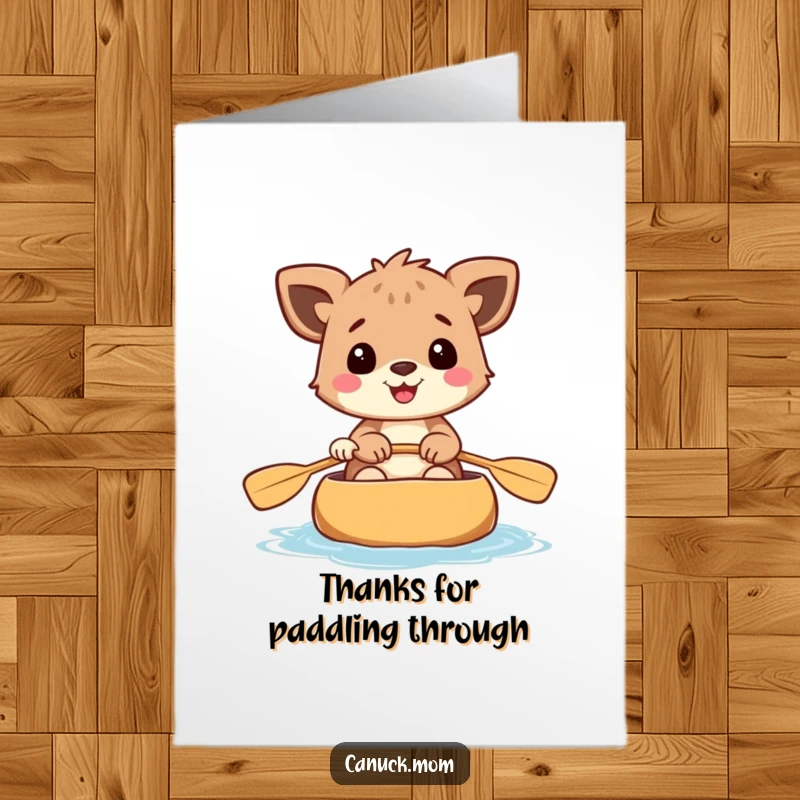 Funny Free Printable Thank You Card: Happy animal in a canoe, paddling thanks with a cheerful smile. DIY.