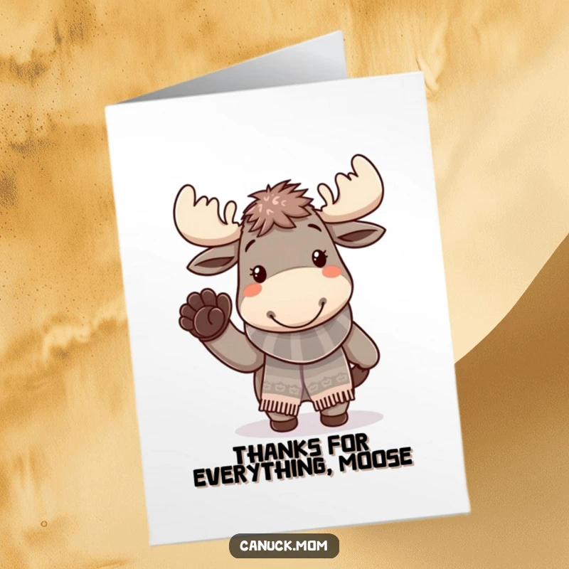 Funny Free Printable Thank You Card: Cheerful moose wearing a knitted scarf, waving a paw happily, perfect for a downloadable gift.
