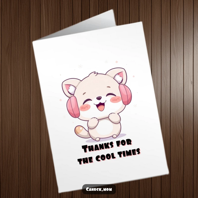 Funny Free Printable Thank You Card: Animal wearing earmuffs, laughing while catching snowflakes, expressing thanks.