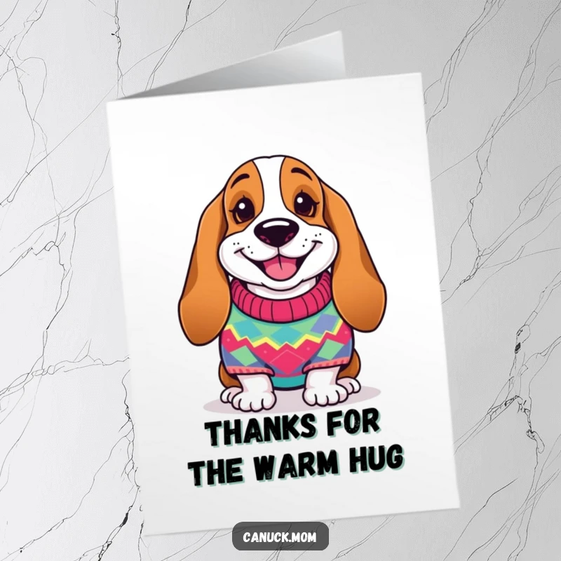 Free Printable Thank You Card: A Basset hound in a vibrant knitted sweater with a friendly smile, offering thanks.