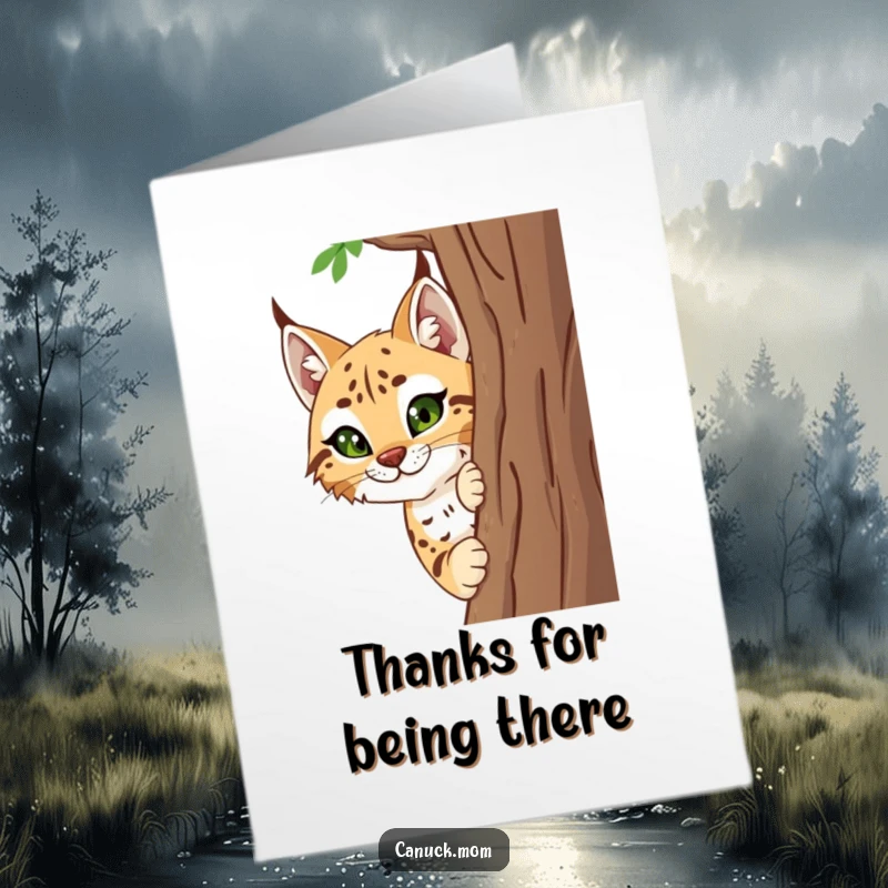 Funny Free Printable Thank You Card: A curious lynx peeks out to offer a special thank you.