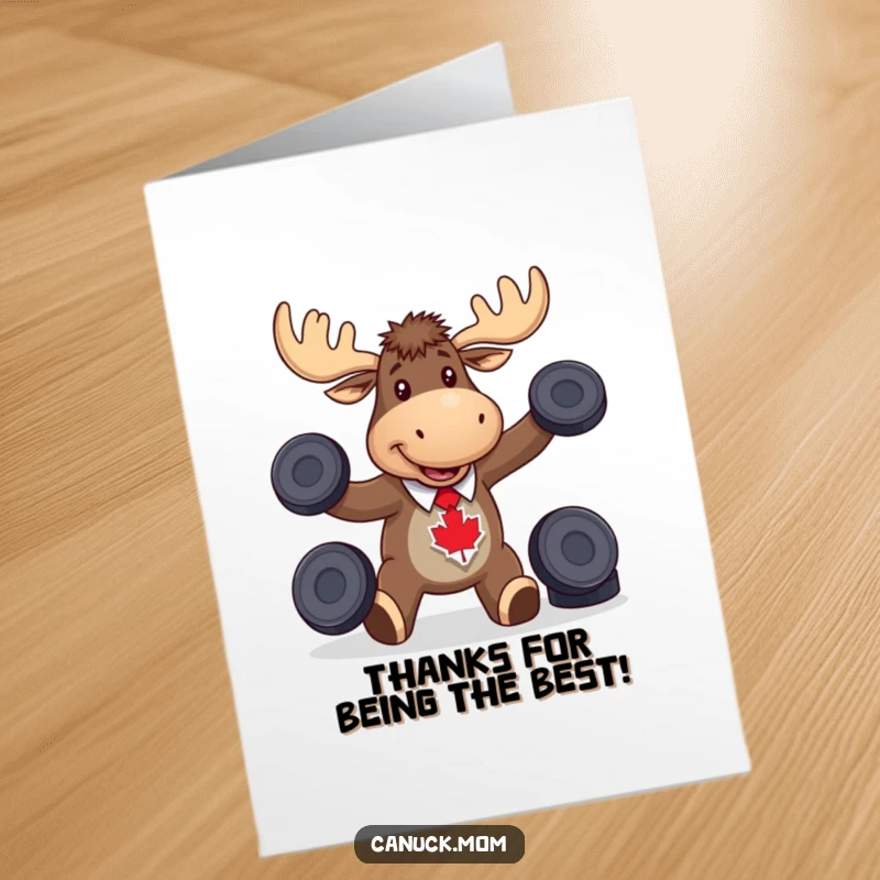 Funny free printable thank you card, moose with a maple leaf tie happily juggling hockey pucks, gratitude, sports humor.