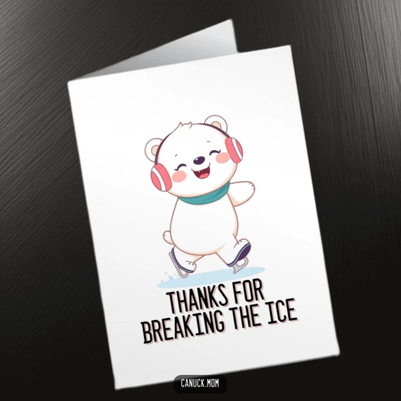 Funny Free Printable Thank You Card: Giggling polar bear in earmuffs gracefully ice skating to show thanks.