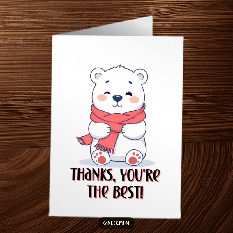 Funny free printable thank you card featuring a happy polar bear in a scarf, giving a big, friendly, and warm hug.