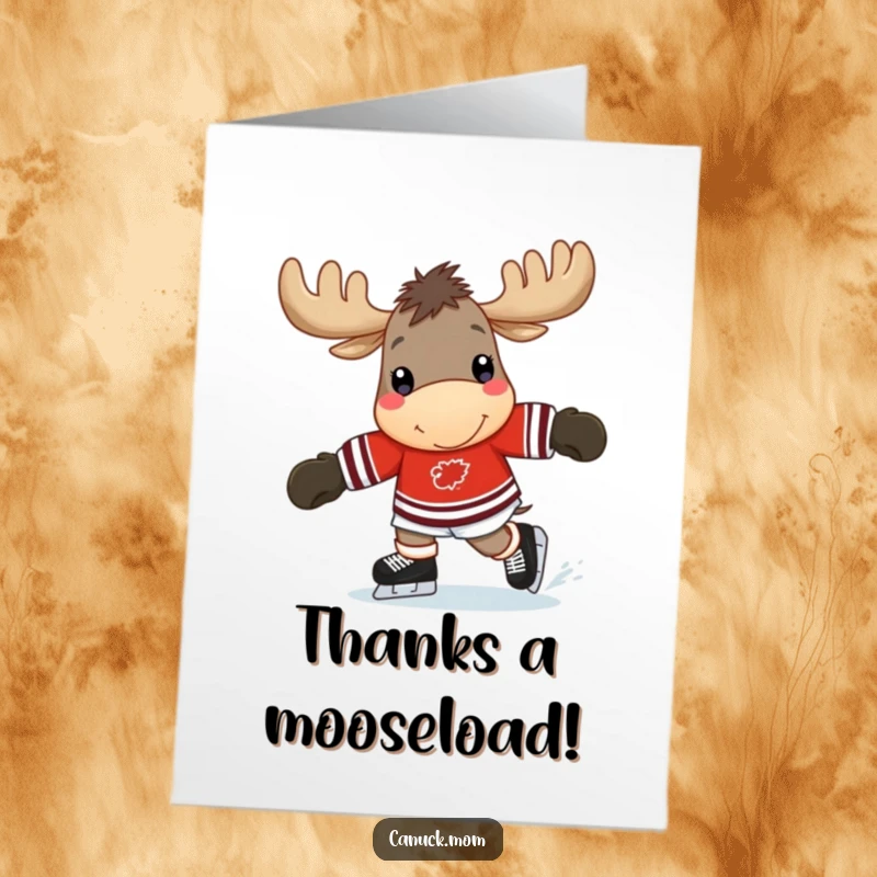 Funny Free Printable Thank You Card: A cheerful moose in a hockey jersey skates happily, perfect for saying thanks with a smile.