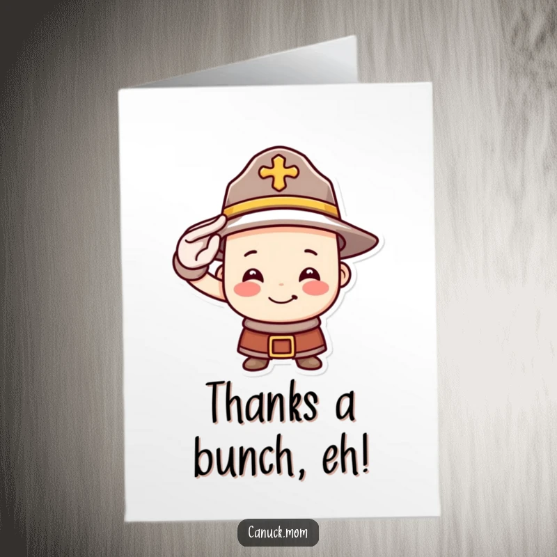 Funny Free Printable Thank You Card showing a smiling Mountie hat giving a salute of gratitude, a humorous way to say thanks.