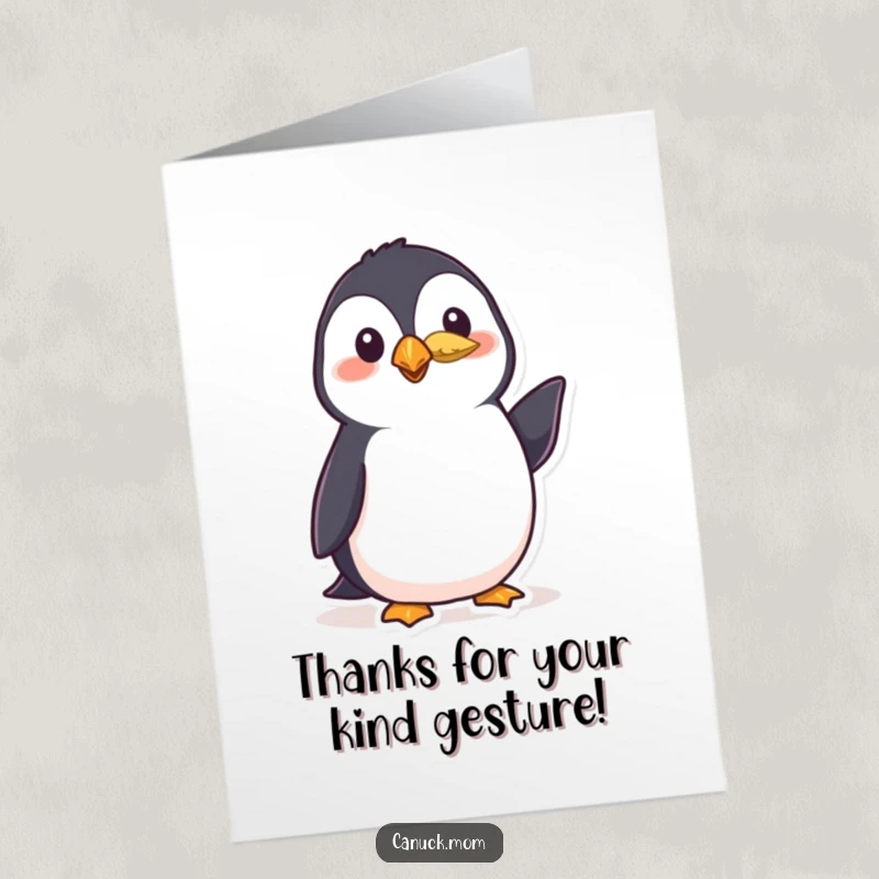 Funny Free Printable Thank You Card: A polite puffin wearing a small feather, offering a friendly nod to express heartfelt thanks.