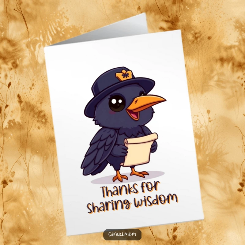 Funny Free Printable Thank You Card: Raven in a Mountie hat, holding a small scroll for delivery.