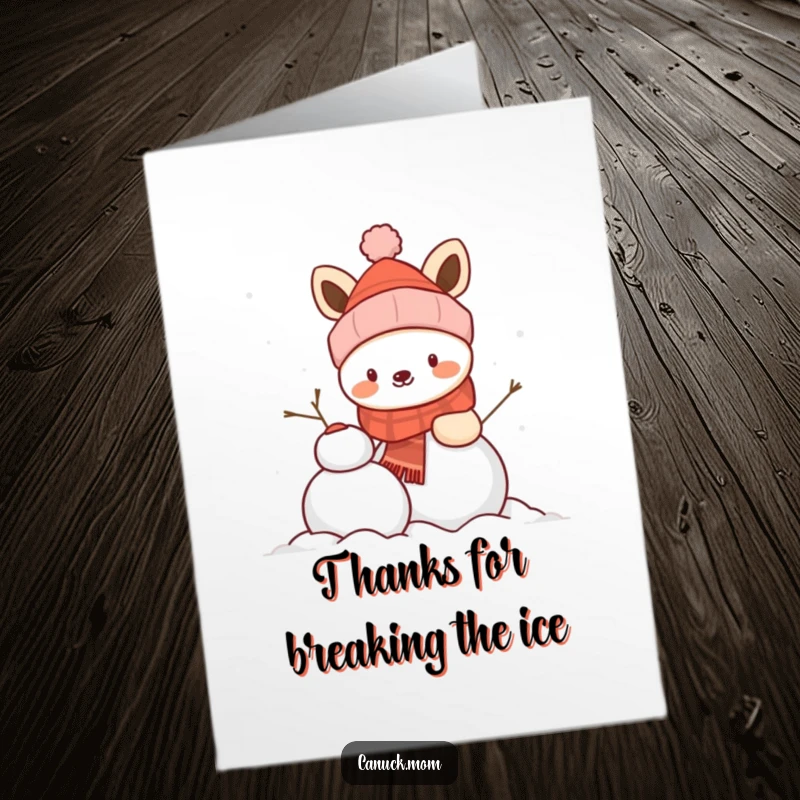Funny Free Printable Thank You Card: Animal in winter hat happily builds a snowman, conveying thanks with frosty, festive cheer.