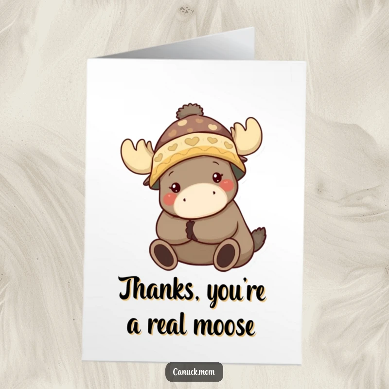 Funny Free Printable Thank You Card: An animal in a toque giving a big hug to a happy moose, expressing thanks.