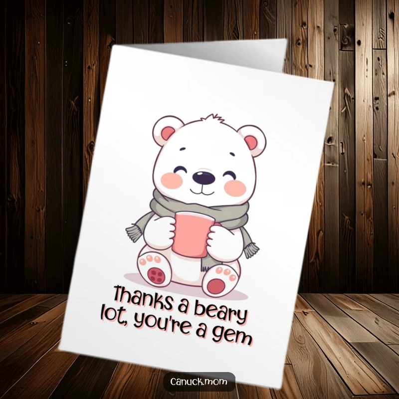 Free Printable Thank You Card showcasing a smiling polar bear, scarf, and mug, offering a warm and fuzzy thank you.