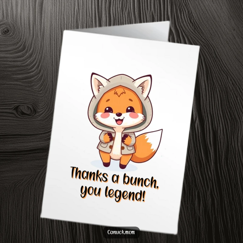Funny Free Printable Thank You Card: Cute fox in a parka playfully chasing snowflakes, a charming way to say thanks.