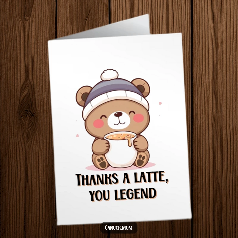 Funny Free Printable Thank You Card: A cute bear in a toque delightfully sipping cocoa, expressing sincere thanks humorously.