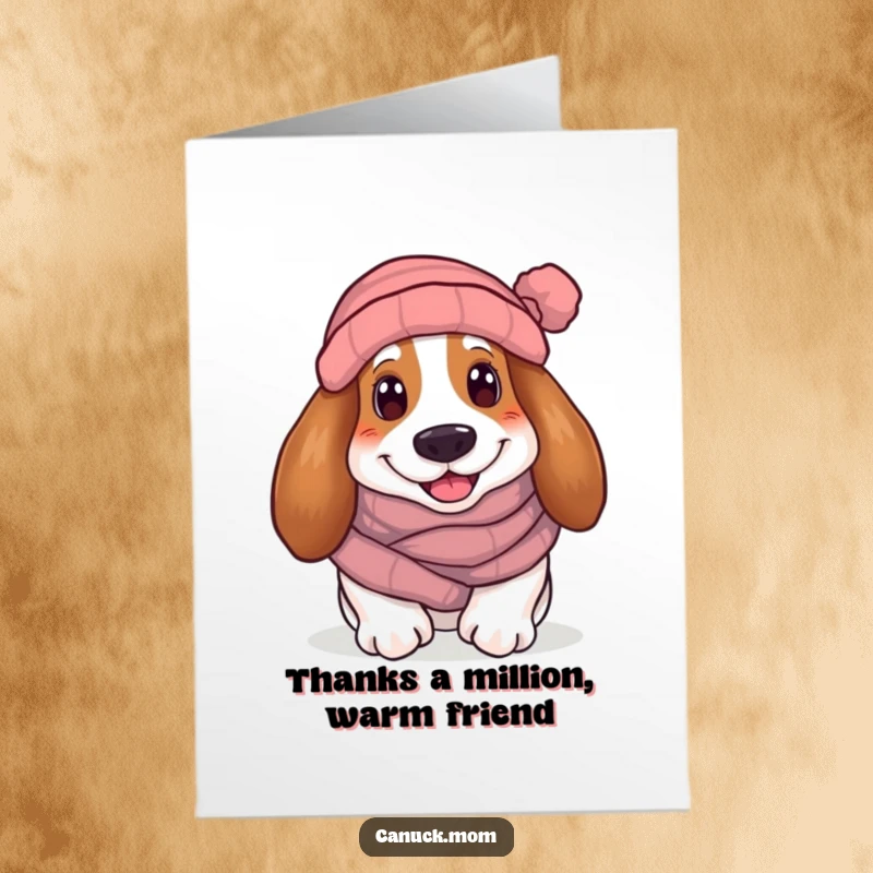 Funny Free Printable Thank You Card: A smiling Basset Hound, bundled in a scarf and toque, sends a warm and fuzzy thank you.