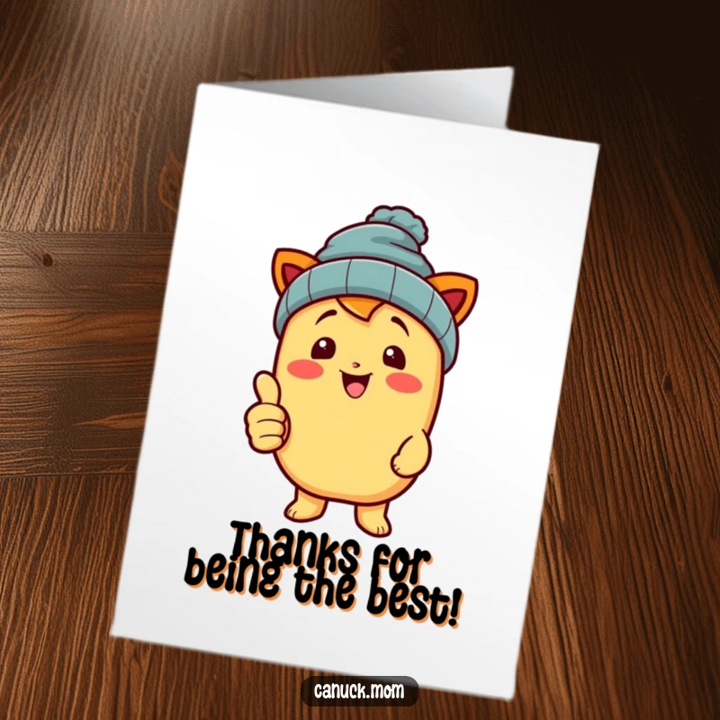 Funny Free Printable Thank You Card: Happy poutine character in a beanie giving a thumbs up, conveying thanks.