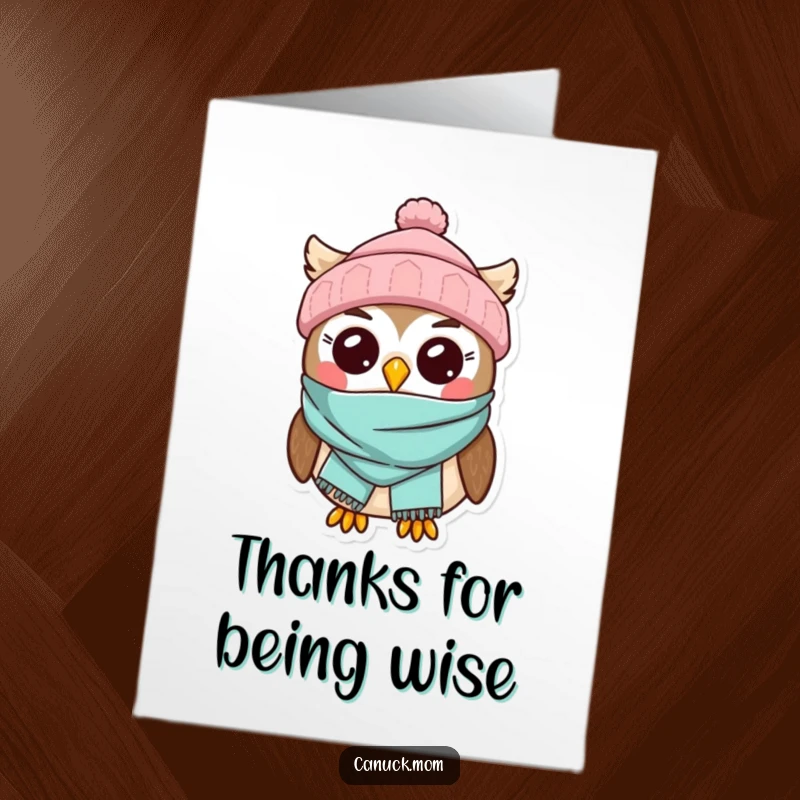 Funny Free Printable Thank You Card: A kawaii owl in a toque and scarf, conveying thanks with endearing charm.