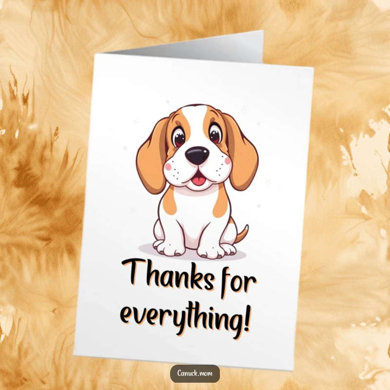 Charming Free Printable Basset Hound in earmuffs, amused by snowflakes, conveying thanks.