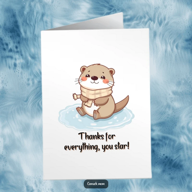 Funny Free Printable Thank You Card: An adorable otter wearing a scarf slides on a frozen puddle, a fun way to say thanks.