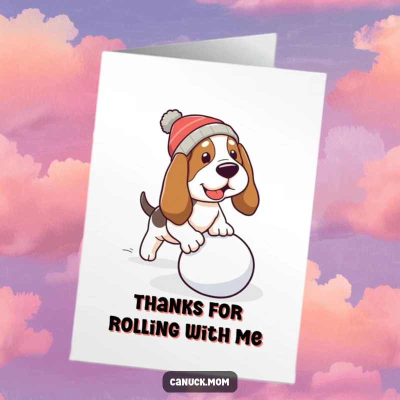 Free Printable Thank You Card: A Basset hound in a warm cap humorously trips over a rolling snowball, a funny thanks.