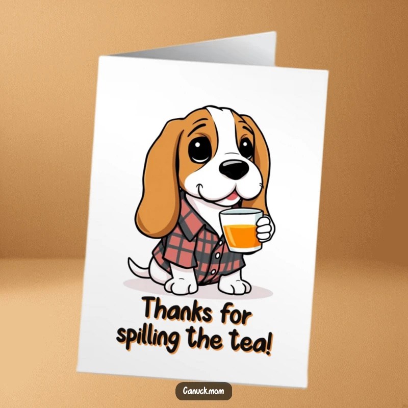 Funny Free Printable Thank You Card: Plaid-clad Basset Hound offers tea, expressing sincere gratitude.